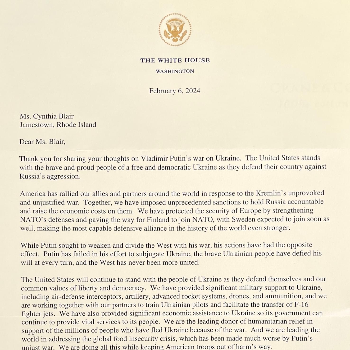 Letter from President Biden, White House  Letter from President Biden, White House