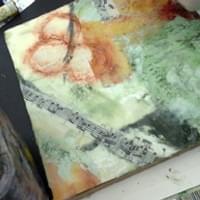 Geri Olson. Work in progress. Yellow Barn.  Encaustic & Mixed Media.