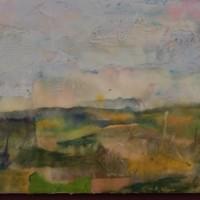 Watercolor, encaustic collage on panel.