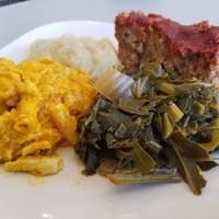 Vegan Mac & Cheese, Kale and Collards with Root Mash Quinoa Meatloaf
