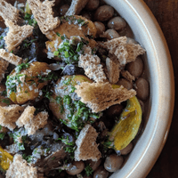 Cranberry beans, squash blossoms and rye crisps