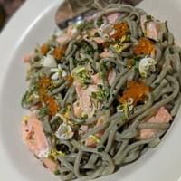 Smoked steelhead and its roe, sea lettuce spagetini, wild spring onions