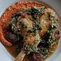 Roasted Chicken, smoked Romesco sauce, grilled spring onion salsa verde