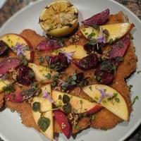 Pork Schnitzel, stonefruits, pickled cherries and ramps