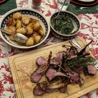 Grilled lamb chops, salsa verde, roasted potatoes