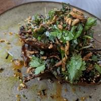 miso grilled eggplant, crispy stuff on top