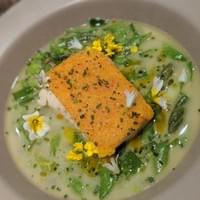 Northern Halibut, meyer lemon panade, spring peas and beans, lemongrass broth