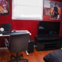 Red bedroom desk area Red bedroom desk area