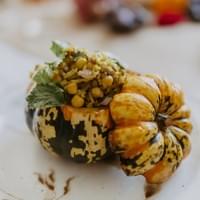 Roasted Carnival Squash Stuffed with Spiced Heirloom Chickpeas, Lentils and Rice