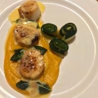 Scallops on Butternut Squash Puree with Buerre Blanc & Zucchini