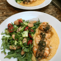 Shrimp & Grits with Salsa Verde & Summer Salad