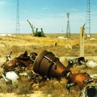 The rests of an engine next to one of Baikonur's Soyuz shooting areas...