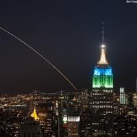 Launch of the LADEE probe on September 6,2013 by a Minotaur V rocket with five stages In the foreground the empire state building located 200 miles north of the launch base.