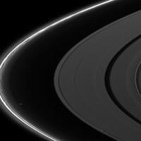 The moon Prometheus creates an intricate pattern of perturbation in Saturn's F ring while the moon Daphnis disturbs the A ring in this image taken after the planet's August 2009 equinox. Prometheus (86 km, or 53 mi across) can be seen between the thin F ring and the A ring in the middle left of the image. The gravity of potato-shaped Prometheus periodically creates streamer-channels in the F ring. Near the bottom of the image, Daphnis (8 km, or 5 mi across) can be seen creating edge waves in the Keeler Gap of the A ring. The moon has an inclined orbit and its gravitational pull perturbs the orbits of the particles of the A ring, forming the Keeler Gap's edge, and sculpts the edge into waves having both horizontal (radial) and out-of-plane components. Image acquired on Aug. 22, 2009 with a scale of 12 km (7 mi) per pixel. (NASA/JPL/SSI)