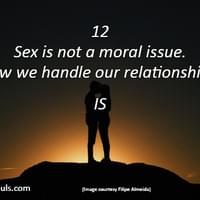 Sex is not a moral issue. How we handle our relationships is. Sex is not a moral issue. How we handle our relationships is.