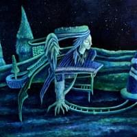 {鋼琴森林} acrylic 8K 深邃的藍色森林裡面,藏著深沉不想和人訴說的話,如果你聽見我的琴聲,如果你喜歡我的琴聲,我想邀請你一起來仰望這片藍色星空。