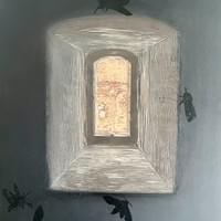 Portaali I, 80x60, puupiirros ja kaiverrus vanerille 2025 Portaali I, 80x60, puupiirros ja kaiverrus vanerille 2025