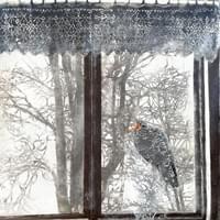 Laulu äidille, 130x116, puupiirros ja monotypia 2024 Laulu äidille, 130x116, puupiirros ja monotypia 2024