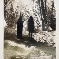 Maan korvessa, 130x97, puupiirros ja monotypia 2024 Maan korvessa, 130x97, puupiirros ja monotypia 2024