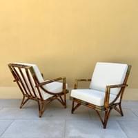 SOLD Pair of  Lounge Chairs in Rattan and Brass, by Maison et Jardin, 1950's  SOLD Pair of  Lounge Chairs in Rattan and Brass, by Maison et Jardin, 1950's