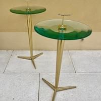Pair of brass tripod tables with lens glass tops . Italy, late 20th century  Pair of brass tripod tables with lens glass tops . Italy, late 20th century