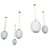 Collection of  Opaline Glass and Brass Ceiling Fixtures for Lyfa, 1950s Collection of  Opaline Glass and Brass Ceiling Fixtures for Lyfa, 1950s