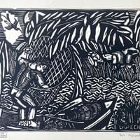 La Peche (fishing). Original wood cut signed and numbered. Limited edition $700.. La Peche (fishing). Original wood cut signed and numbered. Limited edition $700..