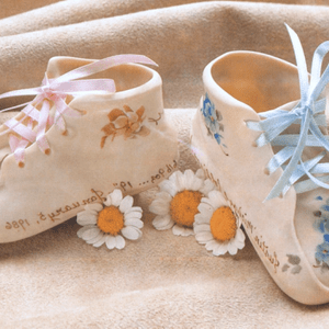 Two porcelain baby shoes on cream colored fabric with white daisies around them. One has delicately painted pink roses and pink ribbon laces. The other has delicately painted blue flowers and blue ribbon laces.