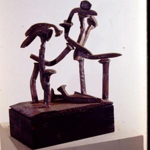 One of a series of sculptures made from found railroad ties.