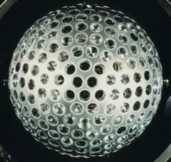 Lageos II (Laser Geodynamics Satellite) is a passive U. S. -Italian satellite dedicated exclusively to the study of sending laser "shots" from the ground to the satellite in order to measure the speed of the laser and to be able to calculate with great precision the distances between Lageos II and ground stations in order to accurately measure the Earth's axis of rotation, the size of the Earth and the duration of a day.    This "golf ball" shaped satellite measures 60 cm in diameter and weighs about 405 kg. It consisted of 426 reflectors with a diameter of 3.8 cm (422 suprasil and 4 germanium).