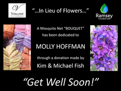 This "in lieu of flowers" mosquito net donation was made by Kim & Michael Fish. These nets, dedicated to Molly Hoffman, serve to protect Cambodian families from Malaria.   This "in lieu of flowers" mosquito net donation was made by Kim & Michael Fish. These nets, dedicated to Molly Hoffman, serve to protect Cambodian families from Malaria.