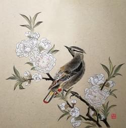 Peach blossom with bird (size 33x33cm). Price 800,- Euro