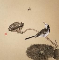 Late autumn lotus with bird (size 33x33cm). Price 800,- Euro