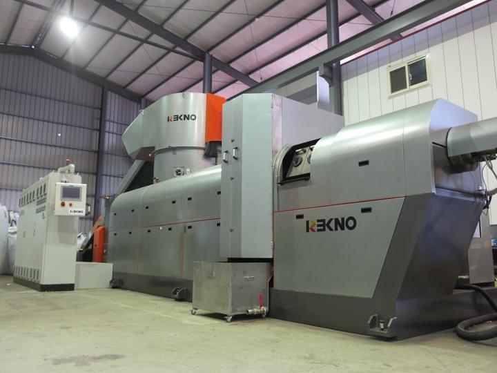 REKNO’s high efficiency, one-step plastic recycling machine RK3 series is designed for the reprocessing of PE polyethylene (HDPE, LDPE, LLDPE) and PP polypropylene flexible packaging material, printed and non-printed. This cutter integrated pelletizing system eliminates the need of pre-cutting the material, requires less space and energy consumption while producing high quality plastic pellets at a productive rate.  In addition to in-house (post-industrial) film waste, the system is also able to process washed flakes, scraps and regrind (pre-crushed rigid plastic waste from injection and extrusion). This equipment is highly recommended for packaging film producers of commercial bags, garbage bags, agricultural films, food packaging, shrink and stretch films, as well as producers in the woven industry of PP woven bags, jumbo bags, tapes and yarns. Other types of material such as PS sheet, PE and PS foam, PE net, EVA, PP mixed with PU are also applicable on this machine.  Re-usable pellets The pellets produced by the recycling machine can be put directly back into the production line, in most cases for blown film or pipe extrusion processes.   1. Pellets from in-house, post-industrial recycling On average, post-industrial waste makes up 5% or more of the entire production line, making in-house recycling very important nowadays as it can significantly reduce the cost of raw/virgin material purchasing.  The plastic pellets produced from in-house waste are almost like-new and can be re-used for producing high quality plastic products once again.  2. Pellets from post-consumer recycling The RK3 is also designed to work with washed, post-consumer and used agricultural film. The cutter compactor, which generates frictional heat during the compacting process, helps to further dry and remove the water moisture from the washed film flakes (processed first by the washing lines). The recycled pellets can be used again in extrusion process, whether 100% (such as garbage bag, LDPE pipe production and etc) or as part of the mixture to reduce raw material cost. The pellets quality can also be improved by direct dosing of masterbatch and additives. REKNO’s high efficiency, one-step plastic recycling machine RK3 series is designed for the reprocessing of PE polyethylene (HDPE, LDPE, LLDPE) and PP polypropylene flexible packaging material, printed and non-printed. This cutter integrated pelletizing system eliminates the need of pre-cutting the material, requires less space and energy consumption while producing high quality plastic pellets at a productive rate.  In addition to in-house (post-industrial) film waste, the system is also able to process washed flakes, scraps and regrind (pre-crushed rigid plastic waste from injection and extrusion). This equipment is highly recommended for packaging film producers of commercial bags, garbage bags, agricultural films, food packaging, shrink and stretch films, as well as producers in the woven industry of PP woven bags, jumbo bags, tapes and yarns. Other types of material such as PS sheet, PE and PS foam, PE net, EVA, PP mixed with PU are also applicable on this machine.  Re-usable pellets The pellets produced by the recycling machine can be put directly back into the production line, in most cases for blown film or pipe extrusion processes.   1. Pellets from in-house, post-industrial recycling On average, post-industrial waste makes up 5% or more of the entire production line, making in-house recycling very important nowadays as it can significantly reduce the cost of raw/virgin material purchasing.  The plastic pellets produced from in-house waste are almost like-new and can be re-used for producing high quality plastic products once again.  2. Pellets from post-consumer recycling The RK3 is also designed to work with washed, post-consumer and used agricultural film. The cutter compactor, which generates frictional heat during the compacting process, helps to further dry and remove the water moisture from the washed film flakes (processed first by the washing lines). The recycled pellets can be used again in extrusion process, whether 100% (such as garbage bag, LDPE pipe production and etc) or as part of the mixture to reduce raw material cost. The pellets quality can also be improved by direct dosing of masterbatch and additives.