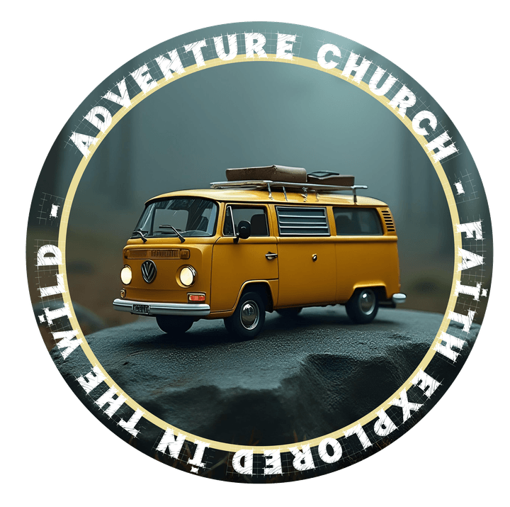 Adventure Church symbol of camper van on sand Adventure Church symbol of camper van on sand