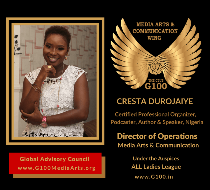 Cresta Durojaiye is Director of Operations at G100 Media Arts & Communication Cresta Durojaiye is Director of Operations at G100 Media Arts & Communication