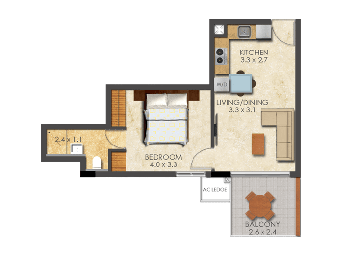 This picture shows the floor plan of an One Bed Type A apartment at the Denya at Ringway. This picture shows the floor plan of an One Bed Type A apartment at the Denya at Ringway.