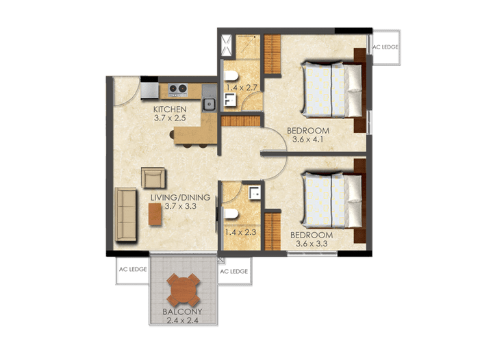 This picture shows the floor plan of a Two Bed Junior apartment at the Denya at Ringway. This picture shows the floor plan of a Two Bed Junior apartment at the Denya at Ringway.