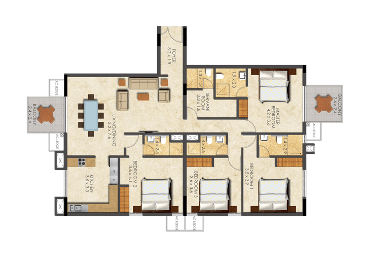 This picture shows the floor plan of a Four Bed Executive apartment at the Denya at Ringway. This picture shows the floor plan of a Four Bed Executive apartment at the Denya at Ringway.