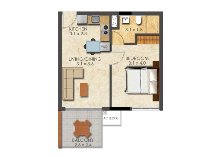 This picture shows the floor plan of an One Bed Type B apartment at the Denya at Ringway. This picture shows the floor plan of an One Bed Type B apartment at the Denya at Ringway.