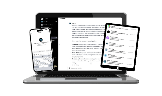 Picture of laptop, ipad, and mobile phone displaying text generated by artificial intelligence Picture of laptop, ipad, and mobile phone displaying text generated by artificial intelligence