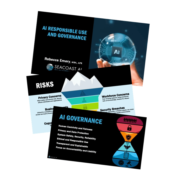 image of slides depicting AI responsible use and governance, AI risks and AI governance framework and text image of slides depicting AI responsible use and governance, AI risks and AI governance framework and text