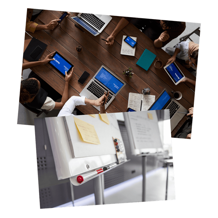 overhead view of business professionals collaborating during a meeting and a whiteboard and dry erase markers overhead view of business professionals collaborating during a meeting and a whiteboard and dry erase markers