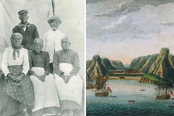 Cinco esclavos africanos liberados que todavía vivían en Santa Elena alrededor de 1900. A la derecha, ilustración de la isla en 1750. (National Museums Liverpool / Mary Evans Picture Library Alamy) Cinco esclavos africanos liberados que todavía vivían en Santa Elena alrededor de 1900. A la derecha, ilustración de la isla en 1750. (National Museums Liverpool / Mary Evans Picture Library Alamy)