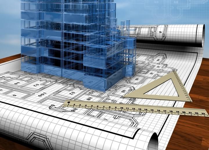 Architectural drawings on a table, rolled out with a ruler across them, and a 3D frame of a large building projecting out of the drawings Architectural drawings on a table, rolled out with a ruler across them, and a 3D frame of a large building projecting out of the drawings
