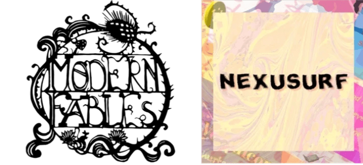 On the left is the Modern Fables logo and on the right is a multicoloured marble effect square with the game title Nexusurf written in the middle.  On the left is the Modern Fables logo and on the right is a multicoloured marble effect square with the game title Nexusurf written in the middle.