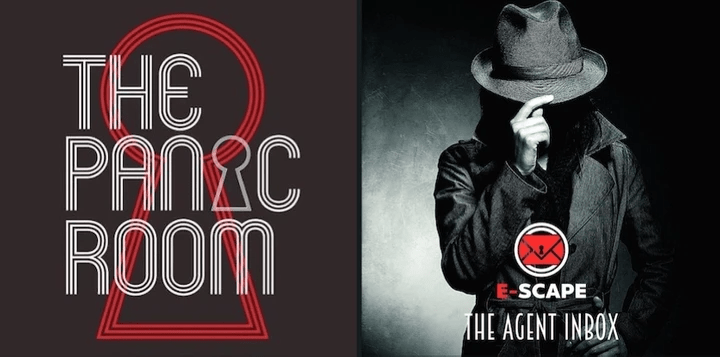 ON the left is The Panic Room logo and on the right is an image of a secret agent with E-scape and The agent inbox written on the bottom of the image. ON the left is The Panic Room logo and on the right is an image of a secret agent with E-scape and The agent inbox written on the bottom of the image.