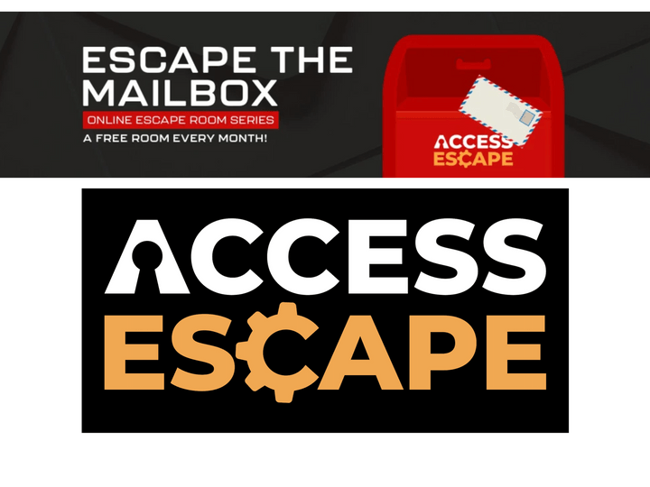 The Escape The Mailbox series logo has series name on the lefthand side with "Online escape room series" underneath in a red box and "A free room every month" written underneath. To the right is a red American style postbox with a letter on the front and the Access Escape logo. The background is shades of black and gray making up different sized triangles. The Escape The Mailbox series logo has series name on the lefthand side with "Online escape room series" underneath in a red box and "A free room every month" written underneath. To the right is a red American style postbox with a letter on the front and the Access Escape logo. The background is shades of black and gray making up different sized triangles.
