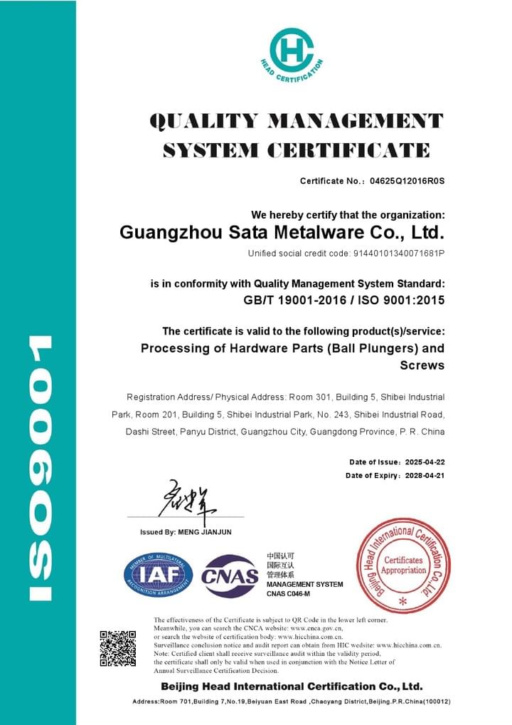 Guangzhou Sata Metalware Co., Ltd. ISO 9001:2015 Certificated Guangzhou Sata Metalware Co., Ltd. ISO 9001:2015 Certificated