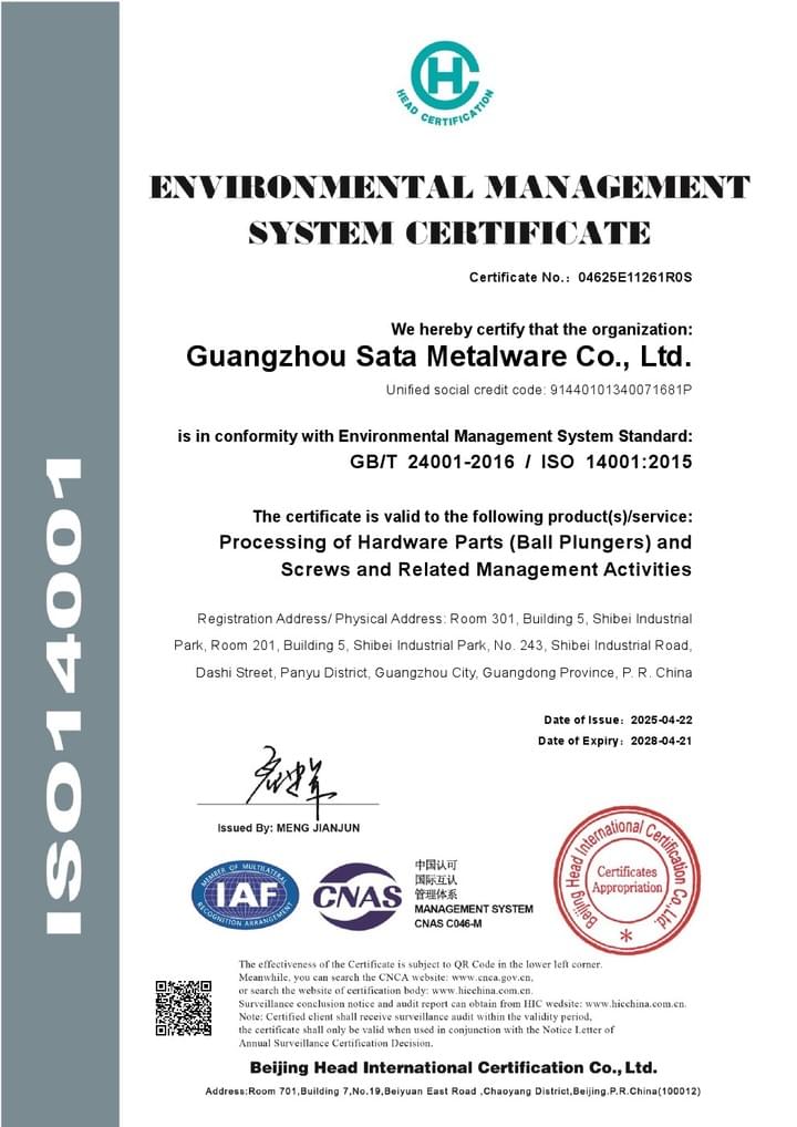 Guangzhou Sata Metalware Co., Ltd. ISO14001 Certificate Guangzhou Sata Metalware Co., Ltd. ISO14001 Certificate